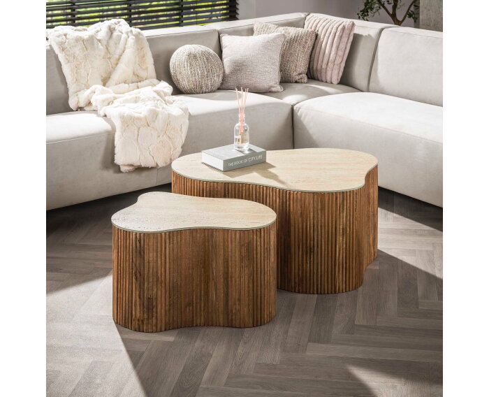 Salontafel set/2 shamrock Nuovo travertin - Massief mango zand