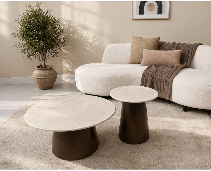 Salontafel Bottecino rond marmer 45x45x50 cm - cr&egrave;me wit