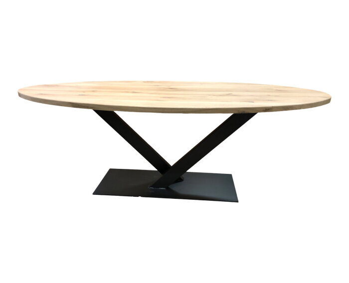 Ovale eiken eettafel met grote metalen V-poot | 240x100