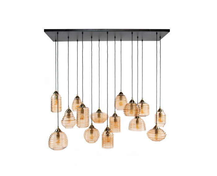 Hanglamp Rib Glass 15-lichts &ndash; Amber glas &ndash; Moderne designlamp met ribbelstructuur - 155x60x155 cm