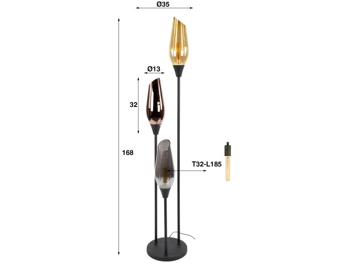Vloerlamp Cocoon 3-lichts mix glass zwart &ndash; hotel chique design - 35x35x168 cm