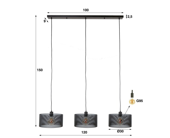 Hanglamp Mara round 3 lampen - Artic zwart