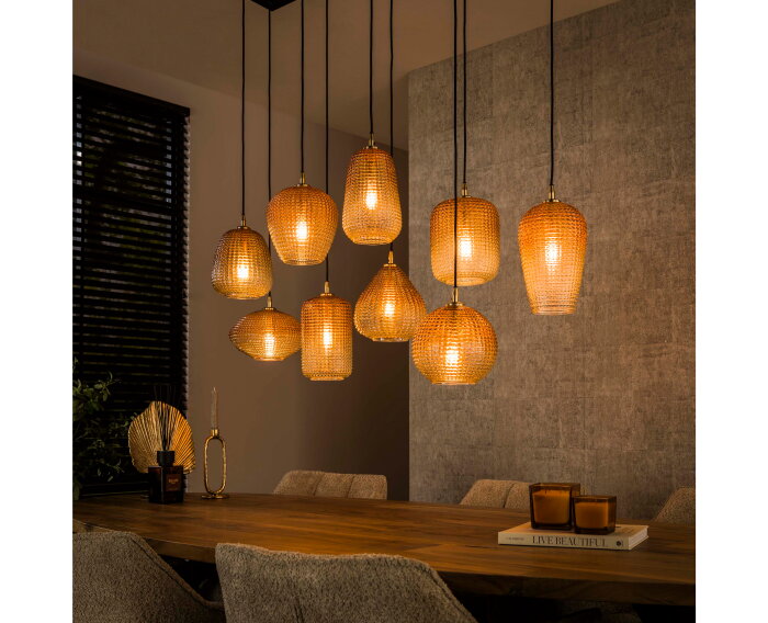 Hanglamp 5+4 dot pattern - Amber color glas