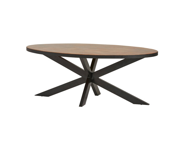 Eettafel Mangohout visgraat ovaal met metalen rand 240x105 cm | Meubelplaats