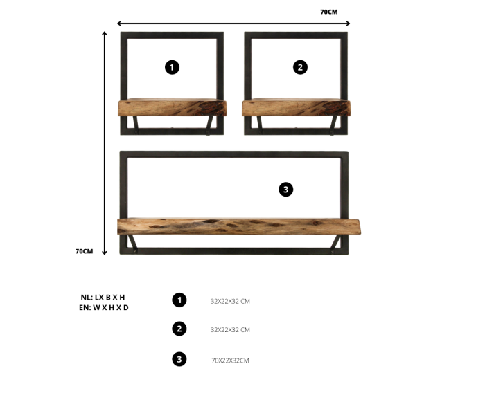 Wandplanken Levels Live Edge - 70x22x70 - Naturel/zwart - Acacia/ijzer