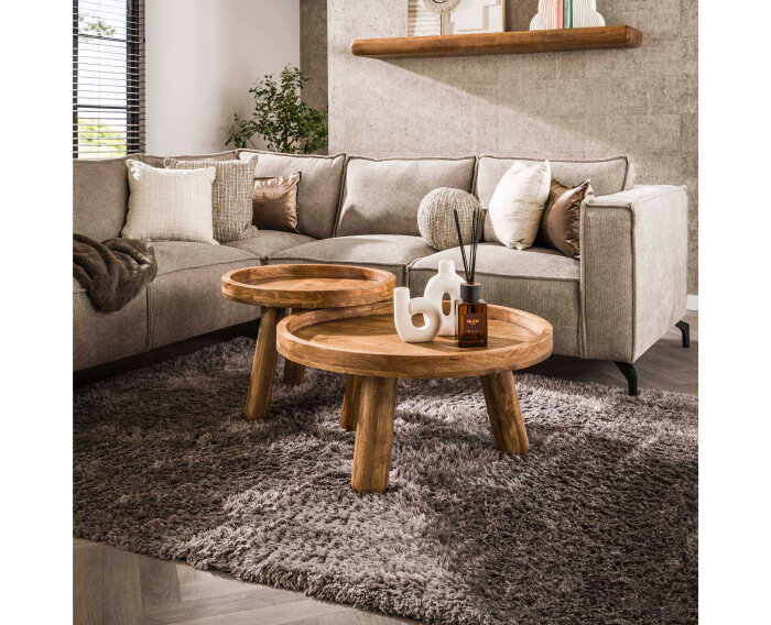 Salontafel Tripod set van 2 rond mangohout - Zandkleur
