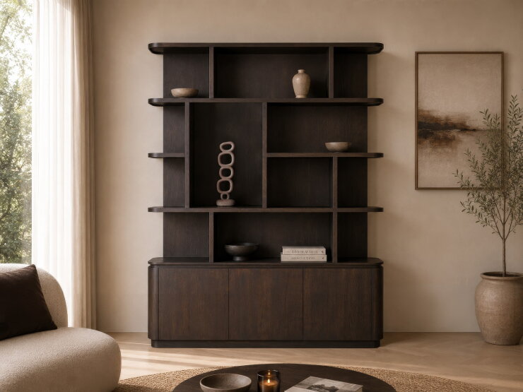 Livingfurn Rivano kast in donkerbruine Basalt-afwerking in een sfeervol interieur