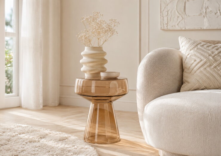 Brix Bo amberkleurige bijzettafel naast een lichte fauteuil