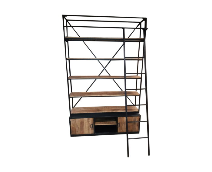 Verrassend Industriële boekenkast mangohout en metaal met ladder EF-79